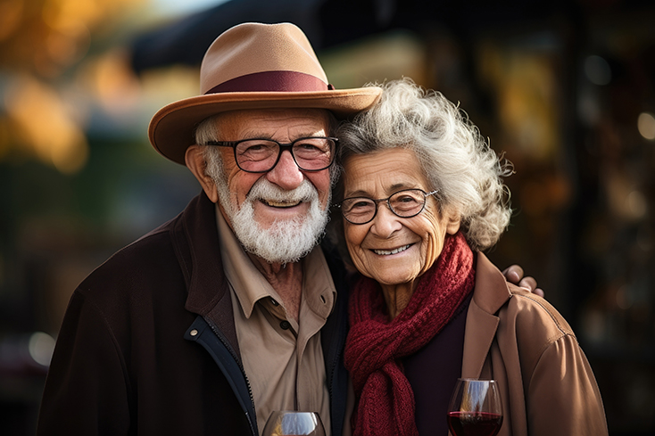 An elderly couple taking a picture together